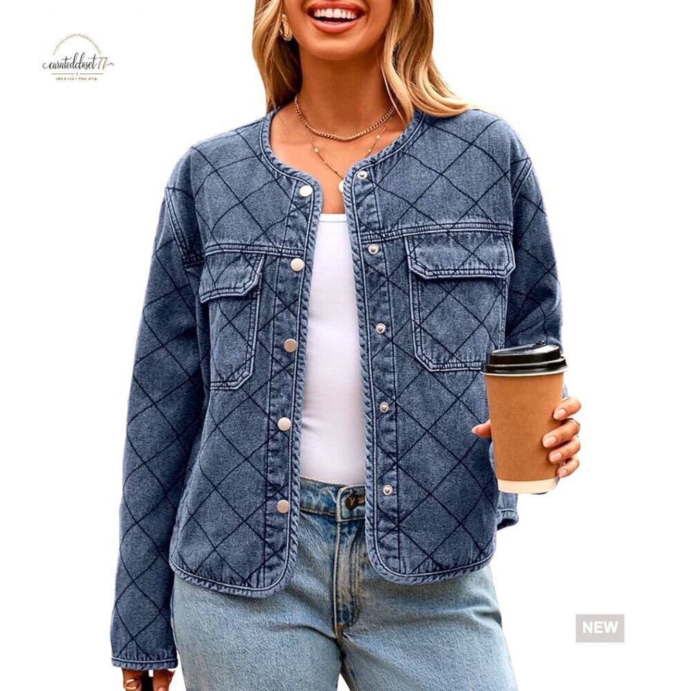 Quilted Denim Jacket Women's Long Sleeve Button Down Lightweight Shacket